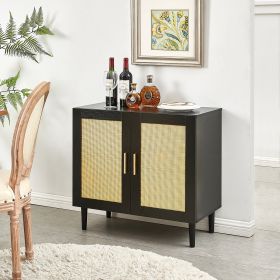 Side Panel Buffet Cabinet With Natural Rattan Door, Rattan Storage Cabinet With Adjustable Shelves,