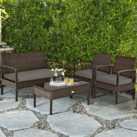 4 Pieces Patio Rattan Cushioned Furniture Set with Loveseat and Table Outdoor Conversation Sets (Color: Brown)