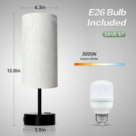 Small Bedside Lamp Touch Control Table Lamp with USB A+C Charging Ports & AC Outlet 3-Way Dimmable Nightstand Lamp with Linen Fabric Shade for Bedroom (Bulb Base: E26)