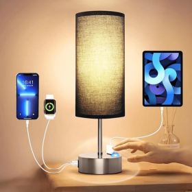 Small Bedside Lamp Touch Control Table Lamp with USB A+C Charging Ports & AC Outlet 3-Way Dimmable Nightstand Lamp with Linen Fabric Shade for Bedroom (Bulb Base: E27)