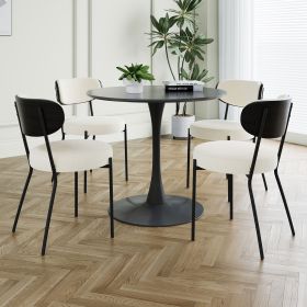 Modern grey simple teddy velvet dining chair Upholstered chair Family bedroom stool back dressing, Black round table set (Color: as Pic)
