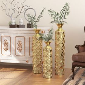 Metal decorative vase High Distress Metal center vase with 3D triangle pattern, set of 3 vases for home decoration 33.5 ", 29.5 ", 25.2 "high, gold (Color: as Pic)