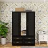 Wooden Armoire Wardrobe Closet with 3 Doors Hanging Rods 4 Drawers Shelves Large Capacity Clothes Storage Cabinet Organization for Bedroom Black 47.24