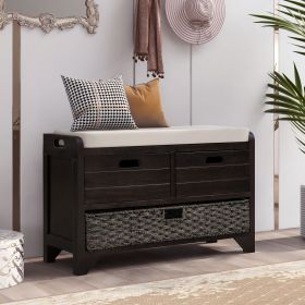 Storage Bench with Removable Basket and 2 Drawers,Fully Assembled Shoe Bench with Removable Cushion (Color: Espresso, Material: Solid Wood)