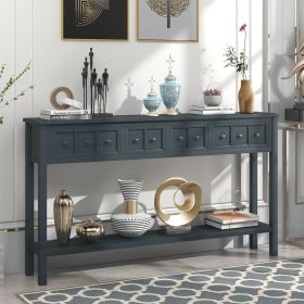 Rustic Entryway Console Table,60" Long Sofa Table with two Different Size Drawers and Bottom Shelf for Storage (Color: Navy, Material: Solid Wood)