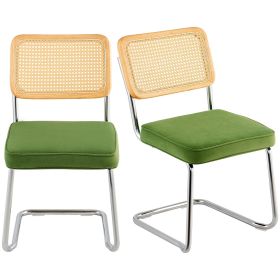 VEVOR Rattan Dining Chairs Set of 2, Mid Century Modern Dining Chair, Upholstered Velvet Accent Chair with Rattan Back (Quantity: 2 Packs, Color: Green)