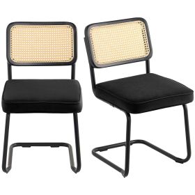 VEVOR Rattan Dining Chairs Set of 2, Mid Century Modern Dining Chair, Upholstered Velvet Accent Chair with Rattan Back (Quantity: 2 Packs, Color: Black)