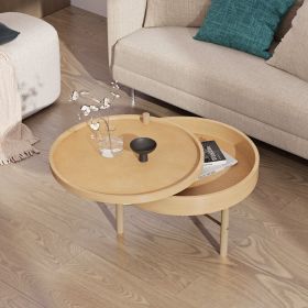 Modern Round Wood Rotating Tray Coffee Table with Storage & Metal Legs (Color: Natural, Material: Metal,Rubber Wood)