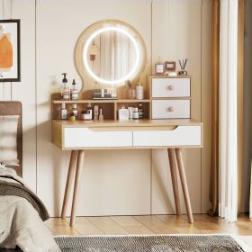 Makeup Vanity Desk with 3 Adjustable Lighted Mirror with solid wood table feet (Color: as Pic)