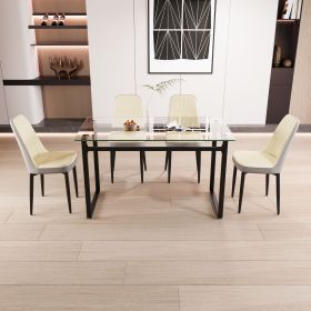 51" 4 person glass dining table set, kitchen set with black metal leg dining table and chairs (Color: Black+Beige+Grey)