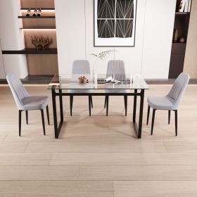 51" 4 person glass dining table set, kitchen set with black metal leg dining table and chairs (Color: Black+Grey)