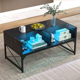 Center Table with Faux Marble and Tempered Glass Top (Color: Black)