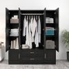 Wooden Armoire Wardrobe Closet with 3 Doors Hanging Rods 4 Drawers Shelves Large Capacity Clothes Storage Cabinet Organization for Bedroom Black 47.24