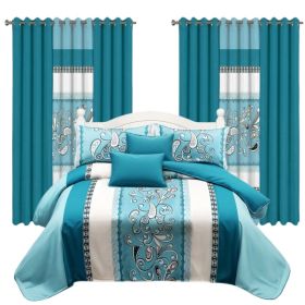 9 Piece Room In A Bag Quilt And Curtain Set, US Designer Turquoise Aqua Blue Paisley Scroll Print Heavyweight Bedspread With 6 Customizable Window Pan (Option: Cal King)