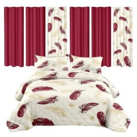 9 Piece Room In A Bag Quilt And Curtain Set, US Designer Burgundy Gold Boho Feather Print Heavyweight Bedspread With 6 Customizable Window Panels, Pet (Option: Cal King)