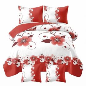 5 Piece Duvet Cover Set, Red And White Floral Bedding, Botanical Comforter Cover, Reversible High Gsm Bed Linen, Matching Pillow Shams, Throw Pillow C (Option: Cal King)