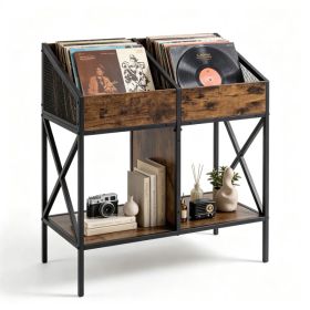 2-Tier Vinyl Record Storage Rack, Industrial Wood & Metal Record Display Stand with Anti-Tipping Kits, Upright Album Organizer with Guard Rails for Mu (Option: default title)