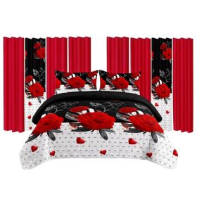 9 Piece Room In A Bag Quilt And Curtain Set, US Designer Romantic Red Rose Print Heavyweight Bedspread With 6 Customizable Window Panels, Pet-Friendly (Option: Cal King)