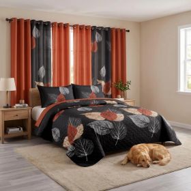 9-Piece Brown And Black Leaf Quilted Bedspread And Curtain Set, Microfiber Bed Cover With 2 Pillow Shams And 6 Window Curtain Panels, Twin XL, Queen, (Option: Twin XL)