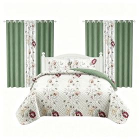 9 Piece Room In A Bag Quilt And Curtain Set, US Designer Sage Green Botanical Floral Print Heavyweight Bedspread With 6 Customizable Window Panels, Pe (Option: Cal King)