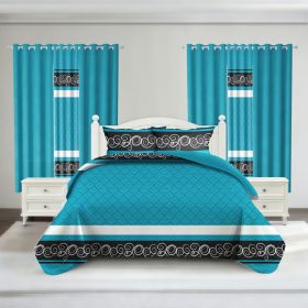 9-Piece Blue And Black Boho Quilted Bedspread Set With 6 Curtains And Pillowcases, Microfiber Bedroom Decor (Option: TwinXL)