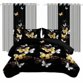 9 Piece Room In A Bag Quilt And Curtain Set, US Designer Black And Gold Butterfly Print Heavyweight Bedspread With 6 Customizable Window Panels, Pet-F (Option: Cal King)