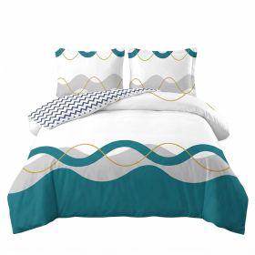 3 Piece Reversible Duvet Cover Set, Heavyweight High-GSM Microfiber Bedding With Zipper & 4 Corner Ties, US Designer Modern Teal Wave & Chevron Geomet (Option: Cal King)