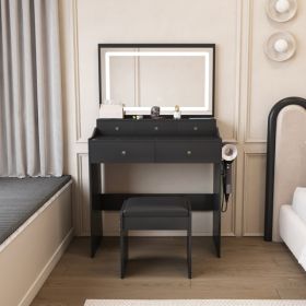 New Large Mirror Vanity Desk for Bed room , Modern Makeup Vanity Set with Power Outlet and Hair dryer holder, 5 Drawers , 3 Lighting Color Adjustable (Option: default title)
