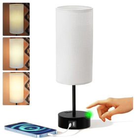 Small Bedside Lamp Touch Control Table Lamp with USB A+C Charging Ports & AC Outlet 3-Way Dimmable Nightstand Lamp with Linen Fabric Shade for Bedroom (Bulb Base: )