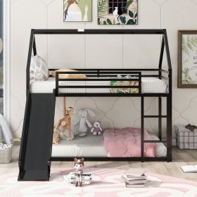 Twin over Twin House Bunk Bed with Ladder and Slide (Color: Black)