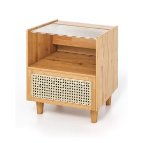 Simple Retro Bamboo Rattan Nightstand with Drawer (Color: Natural, Type: Nightstand)