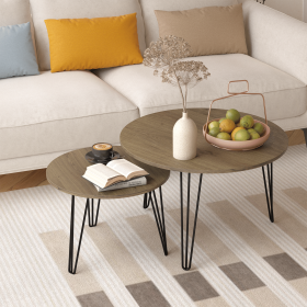 27.56" Round Nesting Coffee Table Set of 2, Circular Nesting End Table Set, Round Marble Tabletop, and Sturdy Metal Base for Living Room, bedroom (Color: Rustic Brown, Material: Wood+Metal)