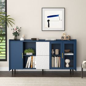 Modern Kitchen Pantry Storage Cabinet , 55" Coffee Bar Storage Cabinet with 2 Drawers, 2 Open Storage Compartment & 2 Glass Doors (Color: Blue, Material: MDF)