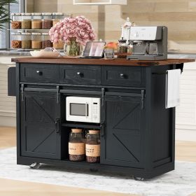 53.7" Farmhouse Kitchen Island with Power Outlet, 2 Sliding Barn Door Kitchen Storage Island with Drop Leaf, Spice Rack Rolling Kitchen Cart on Wheels (Color: Black, Material: Particle Board+MDF)