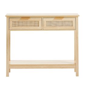 Rattan Console Table with 2 Storage Drawers, Rattan Entryway Table with Natural Rattan Sliding Door, Console Sofa Table for Living Room, Study (Form: With Shelf, Color: Wood Color)