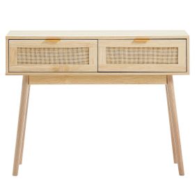 Rattan Console Table with 2 Storage Drawers, Rattan Entryway Table with Natural Rattan Sliding Door, Console Sofa Table for Living Room, Study (Form: Without Shelf, Color: Wood Color)