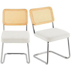VEVOR Rattan Dining Chairs Set of 2, Mid Century Modern Dining Chair, Upholstered Velvet Accent Chair with Rattan Back (Quantity: 2 Packs, Color: White)