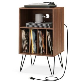 Record Player Stand with Charging Station for Living Room Bedroom (Color: Walnut)