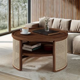 2-Tiered Round Wood Coffee Table with Storage Rattan Base in 31.3'' (Color: Walnut, Material: Rubber Wood)