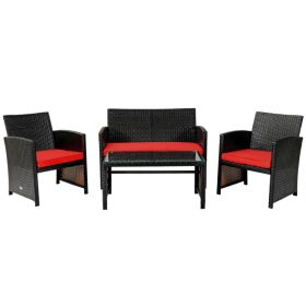 4 Pieces Patio Rattan Cushioned Furniture Set (Color: Red)