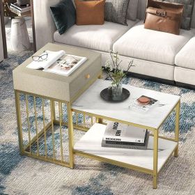 2 Pieces Modern Nesting Coffee Table Set with Drawer and Shelf (Color: White+Gold)