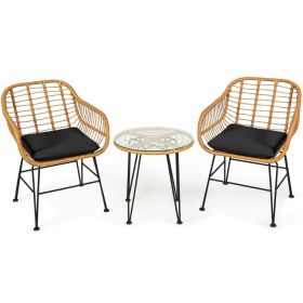 3 Pieces Rattan Furniture Set with Cushioned Chair Table (Color: Black)