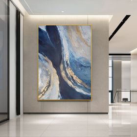 Modern Wall Art Pictures 100% hand painted Gold Foil Blue Canvas Oil Painting Wall Pictures For Living Room Decor Abstract Art No Frame (size: 70x140cm)