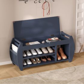 Retro Multifunctional Storage Bench with Cushion and Curved Side Panel for Entrance and Living Room (Color: Antique Navy, Material: MDF)