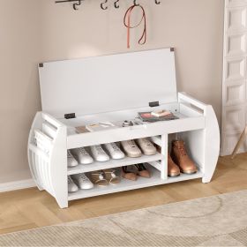 Retro Multifunctional Storage Bench with Cushion and Curved Side Panel for Entrance and Living Room (Color: Antique White, Material: MDF)