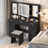 Large Vanity Table Set with LED Lighted Mirror and 2 DIY Pegboards, 5 Hooks, Vanity Desk with Charging Station, Makeup Table with Drawers