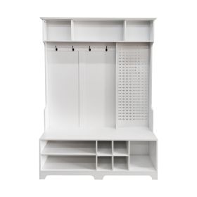 Hall Tree with Shoe Bench, Coat Rack ,Shoe Storage ,Storage Shelves and Pegboard, for Hallways, Halls and Bedrooms (Color: White)