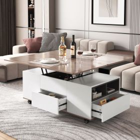 Modern Lift Top Coffee Table Multifunctional Table with Drawers & Shelves (Color: White+Walnut, Material: MDF)