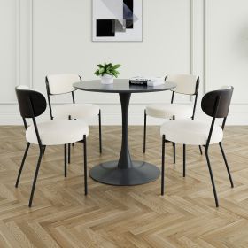 Modern grey simple teddy velvet dining chair Upholstered chair Family bedroom stool back dressing, Black round table set (Color: as Pic)