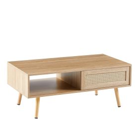 41.34" Rattan Coffee table, sliding door for storage, solid wood legs, Modern table for living room (Color: Natural)